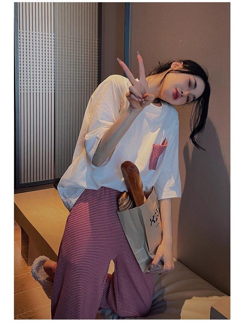 Product Introduction of Bộ Đồ Ngủ Cotton Mùa Xuân Lãng Mạn, Quần Áo Nữ, Phong Cách Mới Mùa Hè, Có Thể Mặc Ngoài Trời, Đồ Mặc Ở Nhà Phong Cách Sọc, Bộ Áo ngắn Tay Và Quần Dài, 1012 Người Thu Thập 7