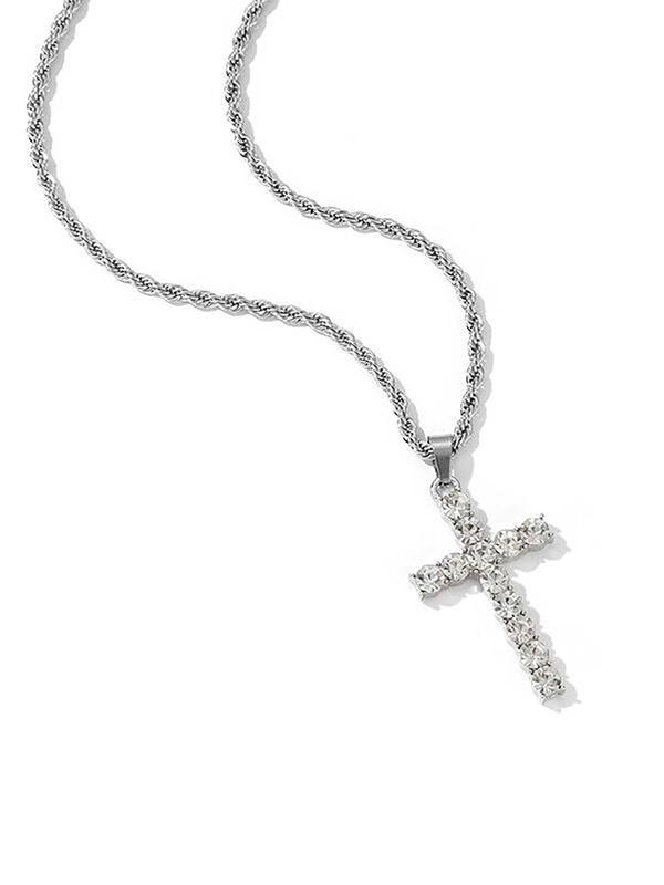 Trendy Rhinestone Cross Pendant Necklace for Men, Zinc Alloy Matching Necklace Jewelry for Party, Classic Fashion Accessories for Daily Wear 4