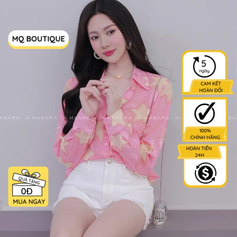 Áo sơ mi nữ tơ dài tay cao cấp công sở họa tiết sao trắng nền hồng đáng yêu , áo sơ mi thiết kế MQ Boutique