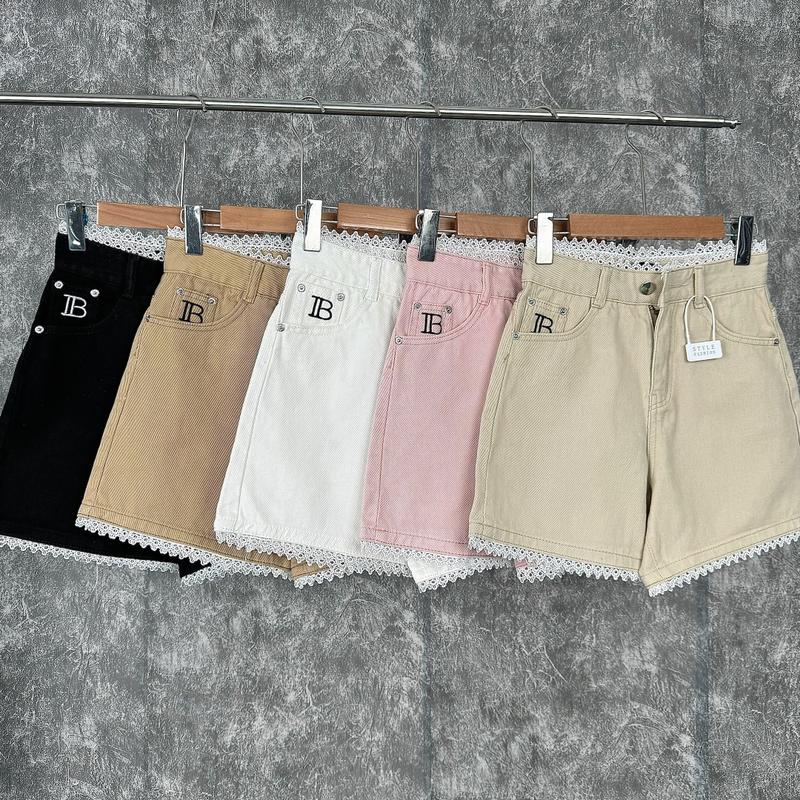 Quần Sọt Jeans Nữ Không Rách Thêu Túi Phối Viền Ren Cá Tính