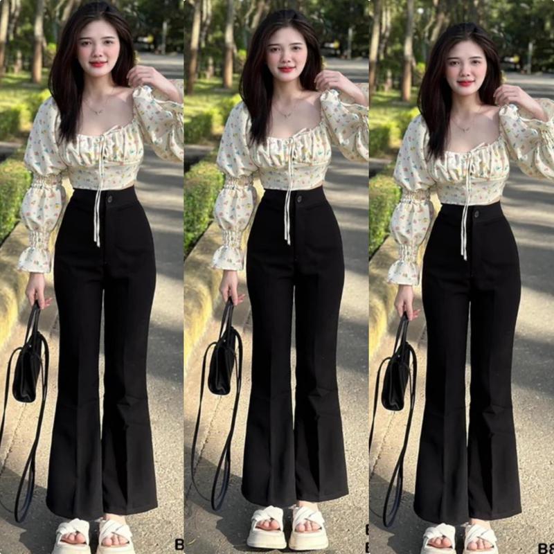 Quần tây ống loe lưng cao 1 cúc công sở đi học hẹn hò hack dáng quần ống loe cạp cao ống rộng dài vải TUYẾT MƯA dày màu đen Nữ Ong Women thun