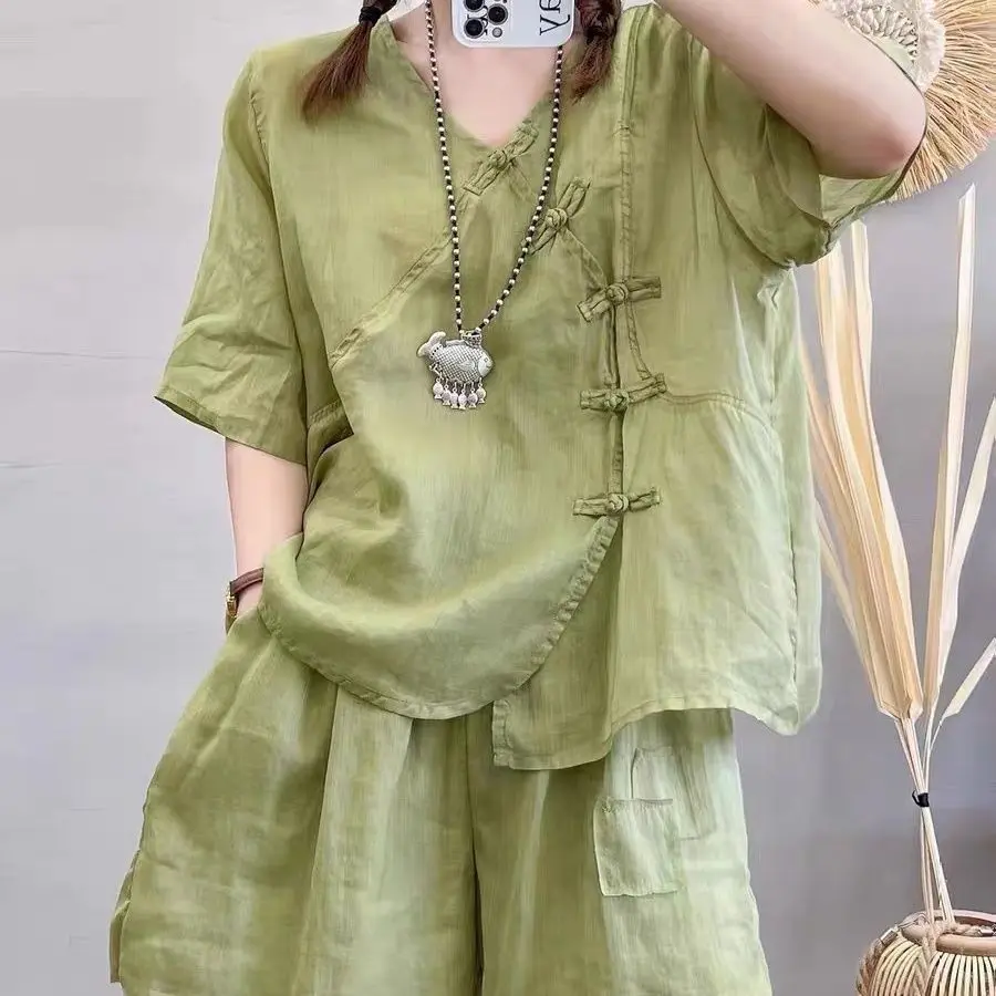 Thin Buckle Shirt Suit 2023 Summer New Small Slim Top Loose-Fitting Wide-Leg Short Jumpsuit Two-Piece Set