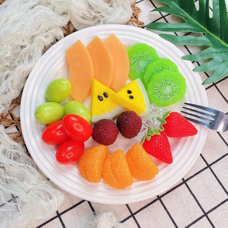 Mô hình thực phẩm trái cây nhân tạo Kiwi, dâu tây, dưa hấu, miếng trái cây PVC, miếng xoài giả, quả mâm xôi, đĩa trái cây mô phỏng, đạo cụ chụp ảnh