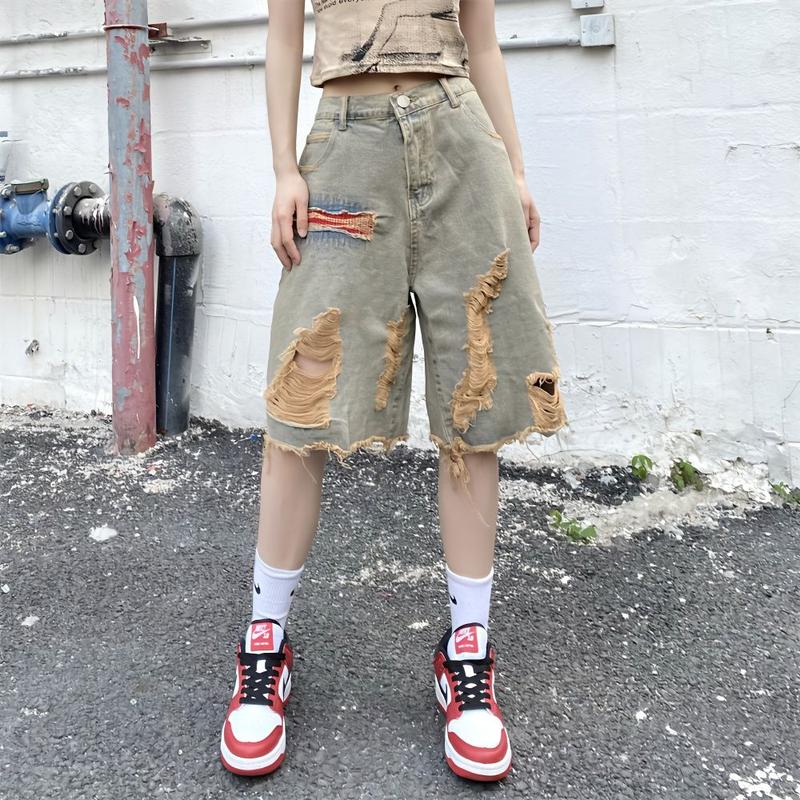 Quần Jean Rách Cũ Cho Nam Và Nữ, Quần Ngắn Dài Đến Đầu Gối, Thời Trang Ins, Retro, Mỹ, Mùa Thu