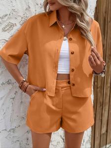 Women's Solid Button Front Shirt & Shorts Two-piece Set, Casual Short Sleeve Collared Top & Wide Leg Shorts for Summer, Ladies Clothes for Daily Wear