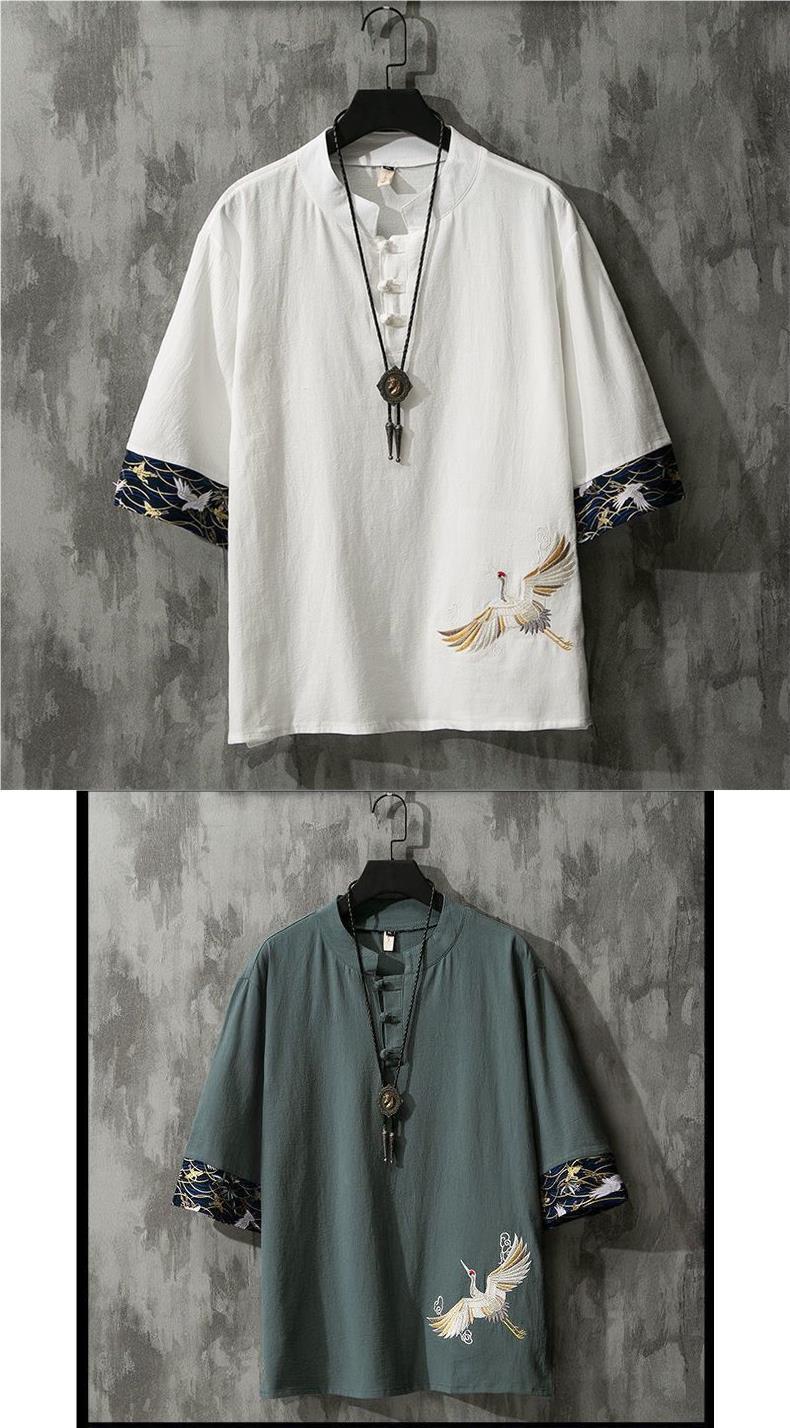 Product Introduction of Chinese Style Men's Linen Short Sleeve T-Shirt Summer Thin Loose Plus Size Embroidered Tang Suit Half Sleeve Shirt Cotton Linen Tee 4