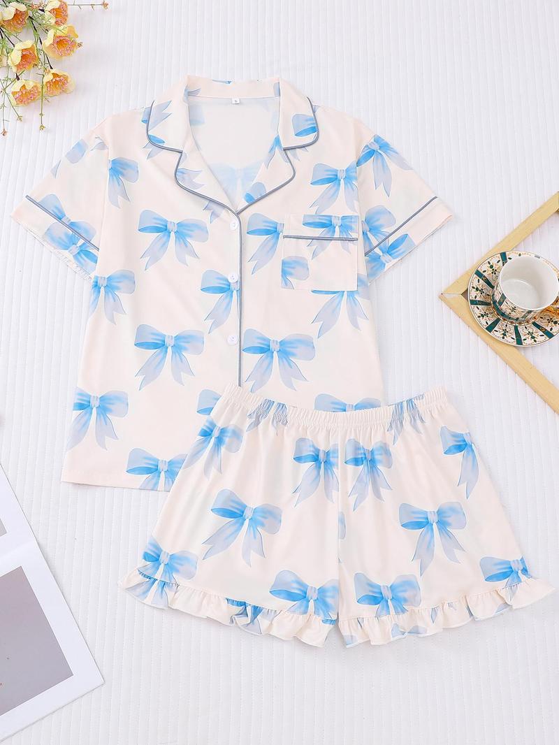 Product Introduction of Women's All Over Bow Print Short Sleeve Lapel Neck Shirt & Bow Decor Elastic Waist Shorts Pajama Two-Piece Set, Casual Comfy Button Front Chest Pocket Design Top & Ruffle Hem Shorts PJ Set, Ladies Sleepwear for Summer 4