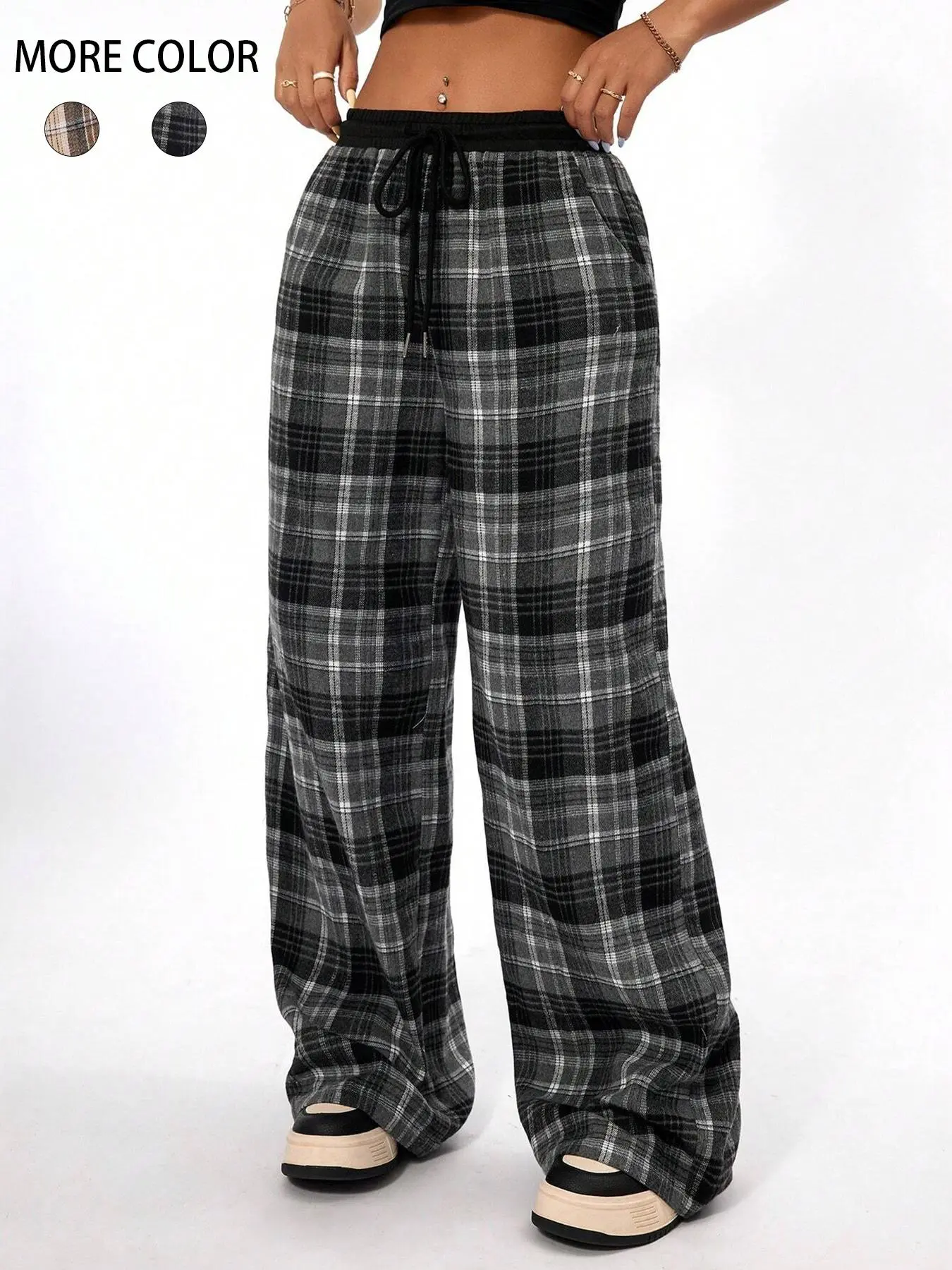Women's Plaid Print Drawstring Waist Wide Leg Pants, Casual Comfy Pocket Trousers for Spring & Fall,  Streetwear, Women's Bottoms for Daily Wear