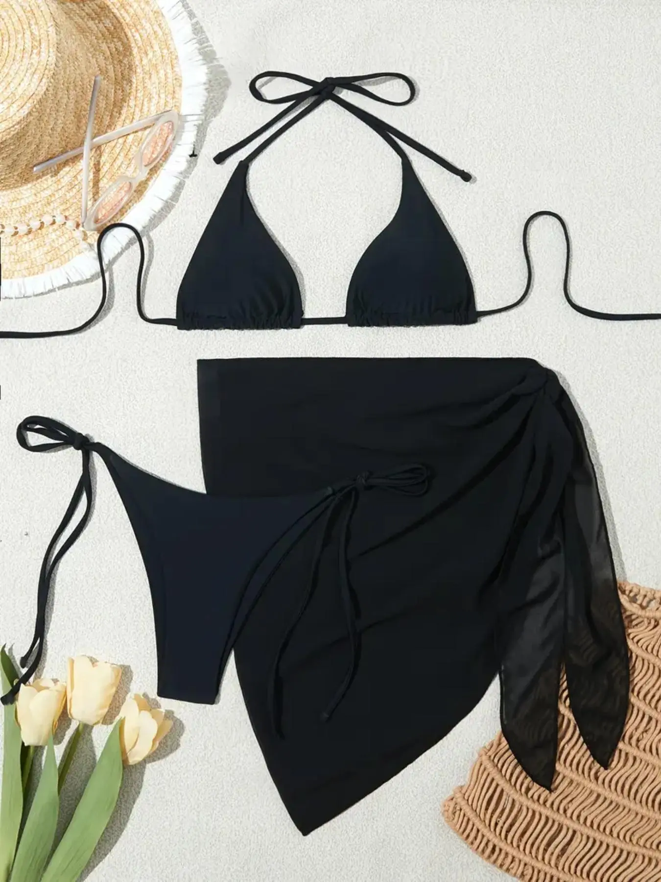 Women's Solid Halter Swim Top & Panty & Knot Sheer Mesh Cover Up Skirt Set, Fashion Bikini Set for Summer Beach Swimming, Women's Swimwear for 2024 Summer, Bathing Suits 2024