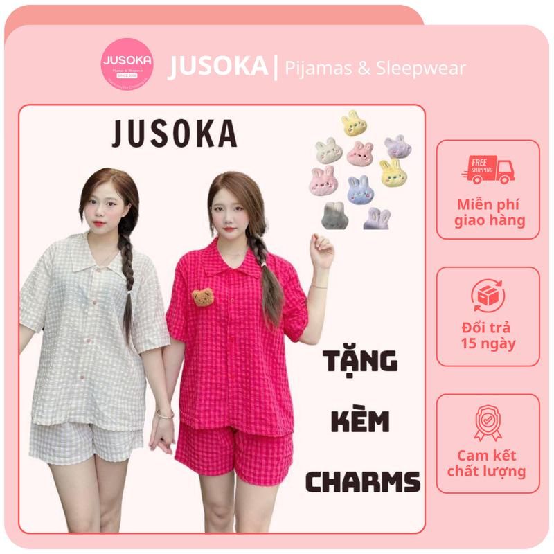 (KÈM CHARM) Bộ Đồ Ngủ JUSOKA Kiểu Nữ Chất Xốp Cotton Hoạ Tiết Kẻ Ô Vuông Form Rộng Mặc Ở Nhà Bốn Mùa Nhiều Màu BN01 Kem Women - Mặc Nhà, Ngủ - Cao Cấp, Thoải Mái, Sang Trọng