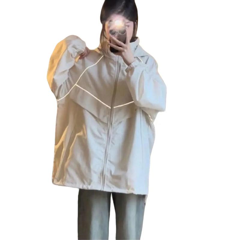 Áo Khoác Dù Nam Nữ Form Unisex Chạy Sọc Phản Quang Có Nón - NGỌC NGUYỄN CLOTHER Top Jacket Kem Có Cổ