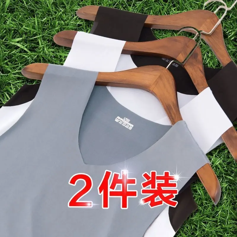 Áo Vest Lụa Lạnh Không Đường May, Dành Cho Nam Giới, Có Thể Mặc Bên Trong Mùa Hè, Thích Hợp Cho Thể Thao Cơ Sở, Không Tay, Áo Lót Trắng, Thời Trang, Mỏng, Cỡ Lớn 4