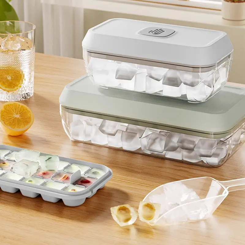 BCF 18/32Grid Silicone Ice Cube Tray With Lid & Shovel - Easy-Release Mold For Whiskey, Cocktails, And Cold Drinks - Durable, Food-Grade PP Material, Gray/Green - Perfect
