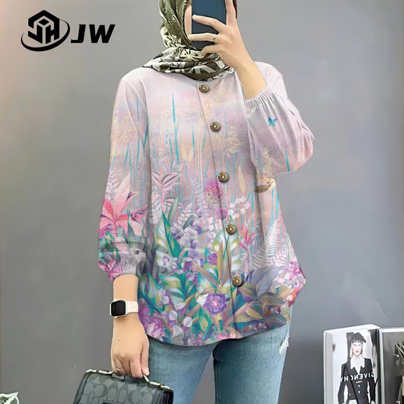 Product Introduction of Women's Muslim shirt elegant and colorful flower oversized loose long sleeved top, beautiful button style affordable and comfortable long sleeved shirt 25