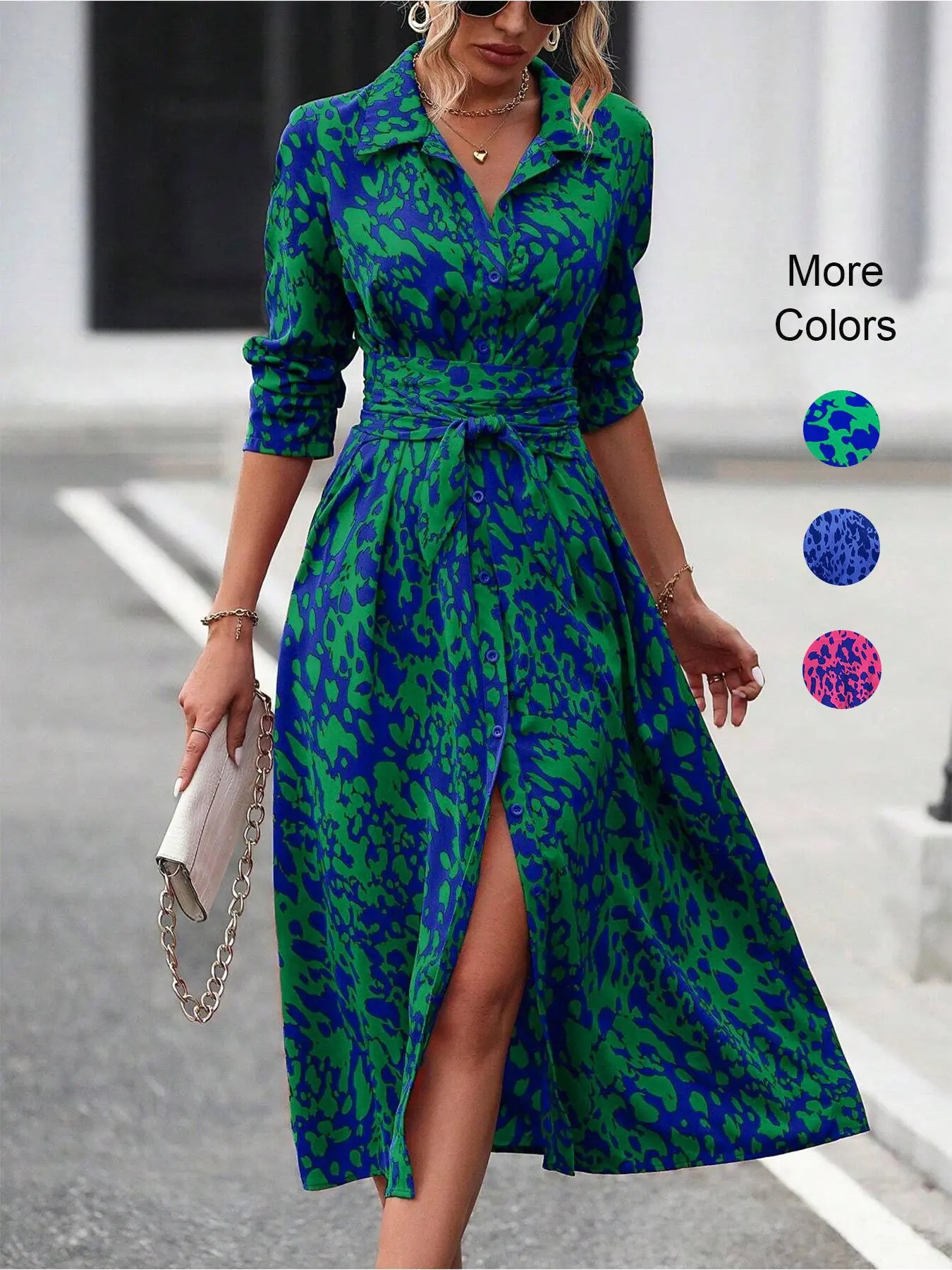 Women's All Over Print Button Front Split Thigh Shirt Dress, Boho Fashion Tie Front Long Sleeve Midi Dress for Daily Holiday Vacation Wear, Ladies Dress for Summer