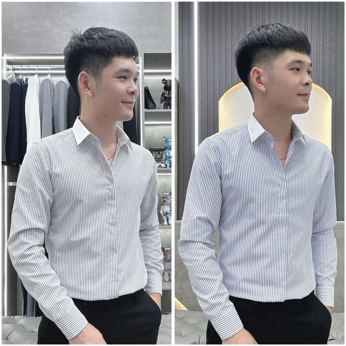 Áo sơ mi kẻ sọc mix cổ trắng Menswear