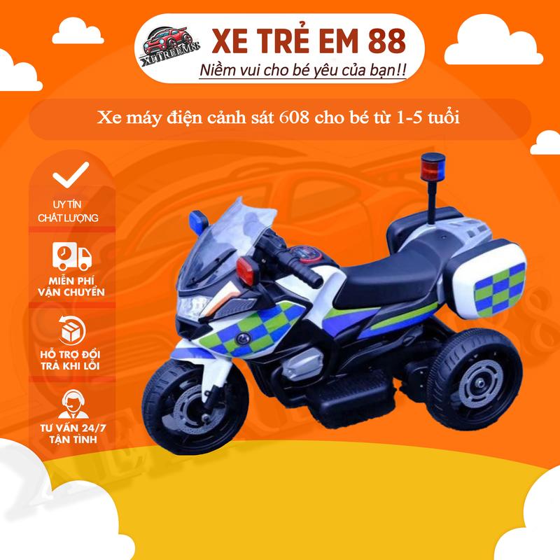 Xe máy điện cảnh sát 608 cho bé từ 1-5 tuổi kèm sạc điện nhạc còi đèn, chịu tải 30kg