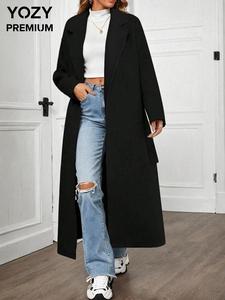 YOZY Women's Solid Belted Lapel Pea Coat, Casual Long Sleeve Pocket Outerwear for Fall & Winter, Women's Clothing for Daily Wear, Fall & Winter Clothes