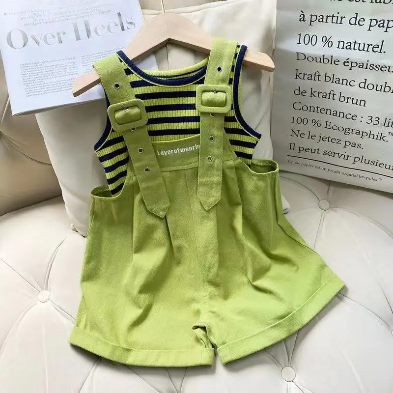 Girls' Suspender Suit Summer 2024 New Children's Fashionable Short Sleeve Vest Little Girl's Suspender Pants Two-Piece Set