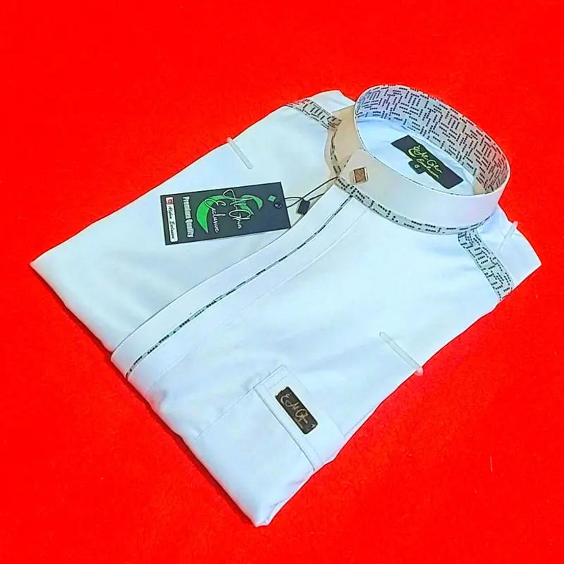 Baju koko Original Saudi Polyester Import lengan panjang putih les tangan abu bintik hitam / Baju Pria Muslim Elit, Mewah, Berkelas dan Berkualitas Alghin Exclusive 23 4