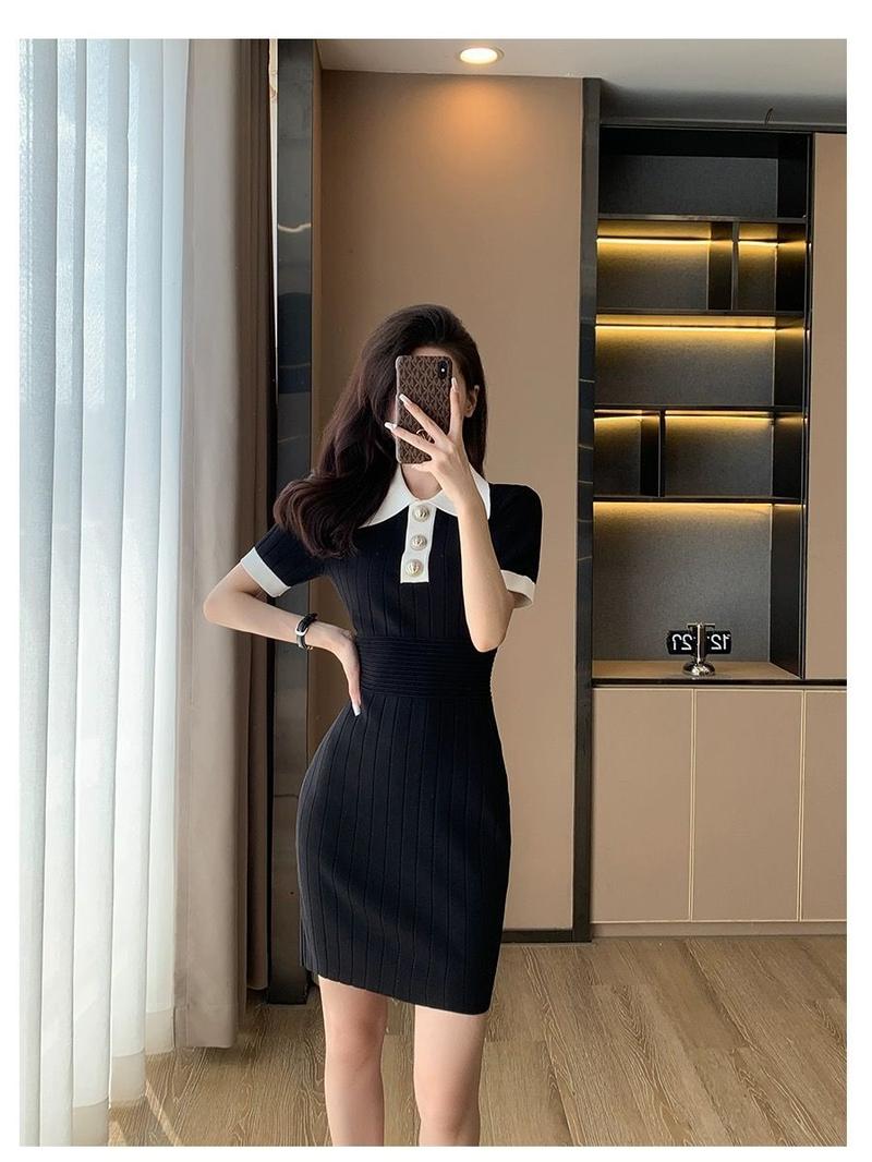 Product Introduction of Váy Dệt Kim Lụa Lạnh Cổ Polo Phong Cách Cổ Điển, Ôm Vừa Vặn, Váy Bodycon Ngắn, Cao Cấp, Hàng Mới Về Mùa Hè 24 Năm Nữ Dress Đen 14