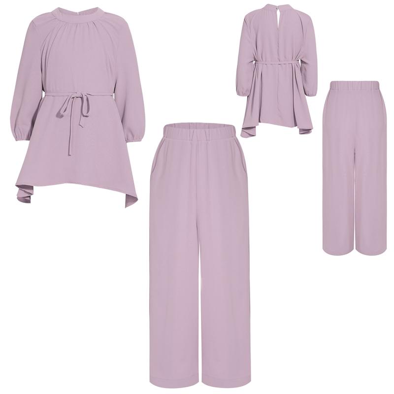 Sholeno Kids Girls Casual Muslim Outfit Round Neck Long Sleeve Loose Ruffled Top with Wide-Leg Pants Belt 4