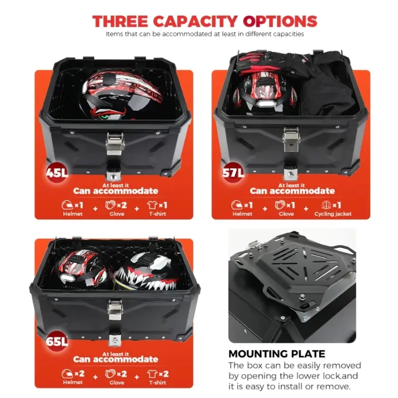 Thùng Nhôm Xe Máy 45L/57L/65L Chính Hãng VetaBox Full Đế, Lót Thùng, Tựa lưng (Chung nhà máy Motowolf) 7