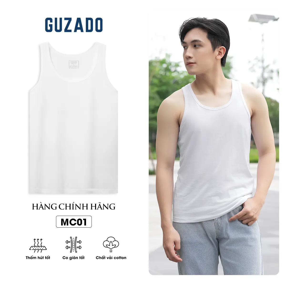 Áo Ba Lỗ Nam Lót Trong Trắng Chất Cotton Co Giãn Thấm Hút Tốt GTT08 Thương Hiệu GUZADO