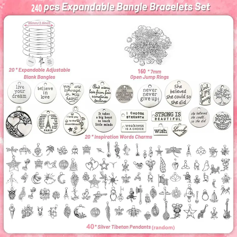 Mixed Style Beaded Bracelet Making Kit, 240pcs/set Adjustable Metal Wire Blank Beaded Bracelet, DIY Jewelry Making Kit for Women & Teenager 3