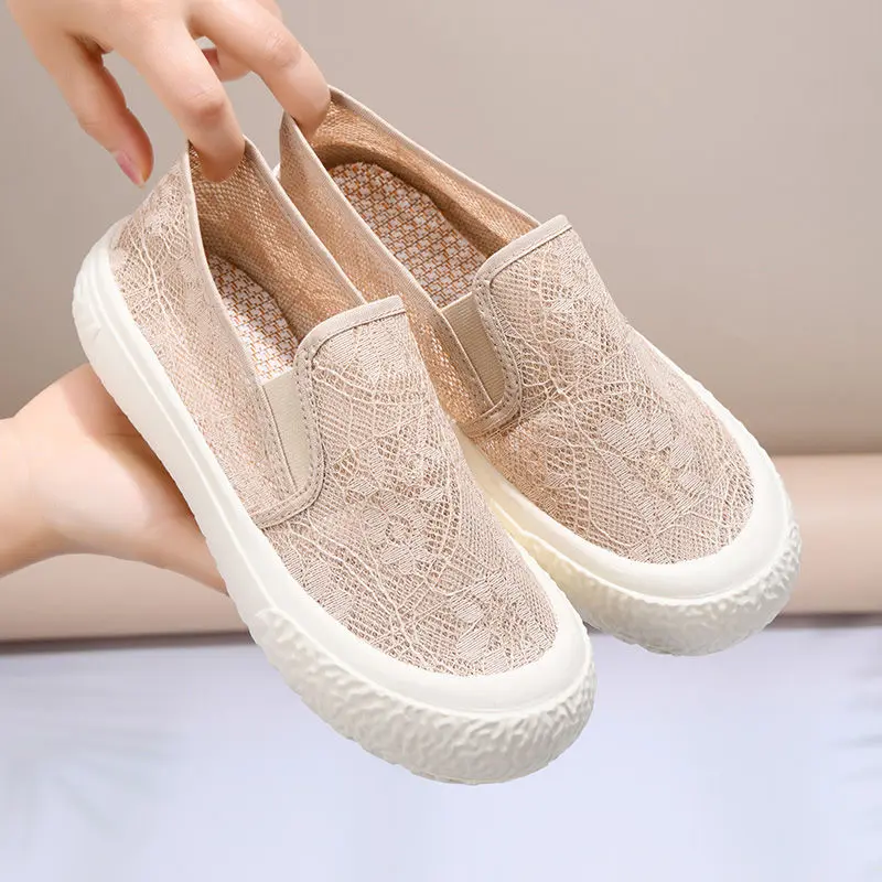 Shoes for women summer new lace mesh breathable fisherman shoes shallow flat casual versatile platform canvas shoes for women
