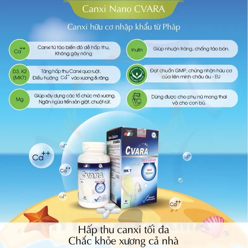 Canxi Nano Cvara cho bà bầu và người lớn tuổi, giảm tê bì chân tay, đau vai gáy I Nhập khẩu chính hãng Pháp.thuochieuqua. Hộp 60 viên 2