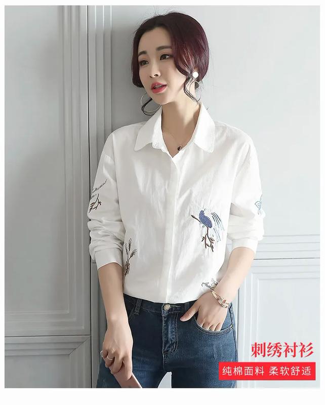 Product Introduction of Áo Sơ Mi Trắng Cho Nữ, Áo Sơ Mi Cotton Dài Tay, Thời Trang Mùa Hè, Thêu Hoa 11