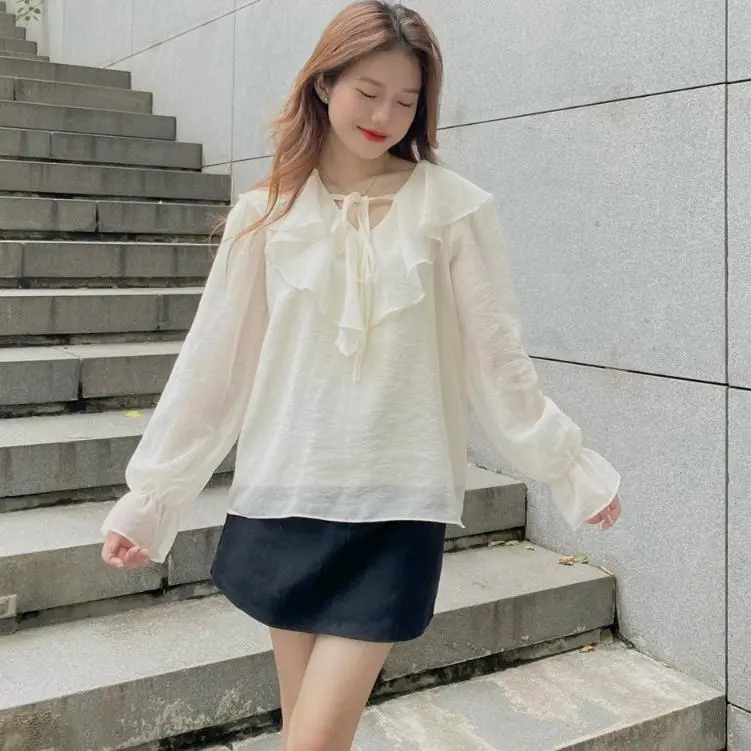 Áo sơ mi nữ tay dài phồng cổ viền chất tơ mềm 2 lớp dễ thương Aotohatkem019 P0K19 Voi Women Shirt Top