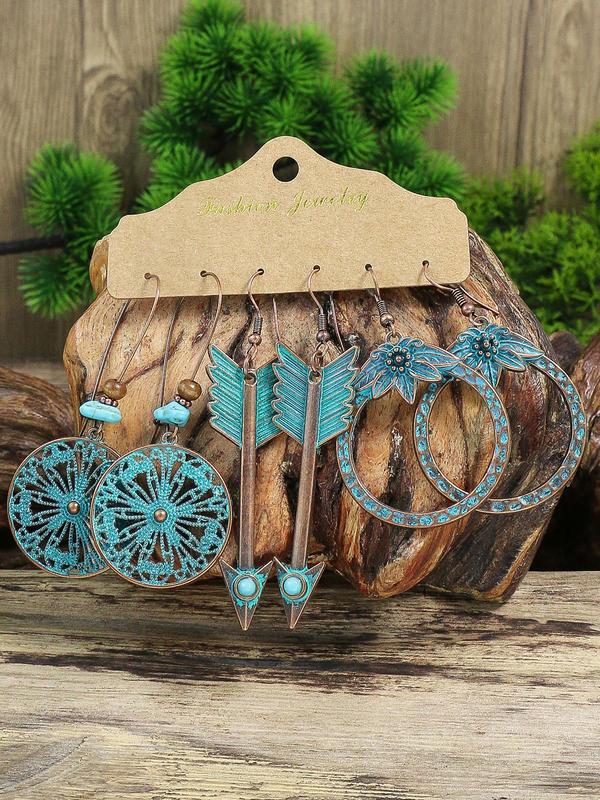 Boho Style Dangle Earrings Set for Women Girls, 12 Pairs Retro Style Hollow Pattern Flower & Leaf & Water Drop & Tassel Design Dangle Earrings, Fashion Jewelry, Exquisite Gifts 2