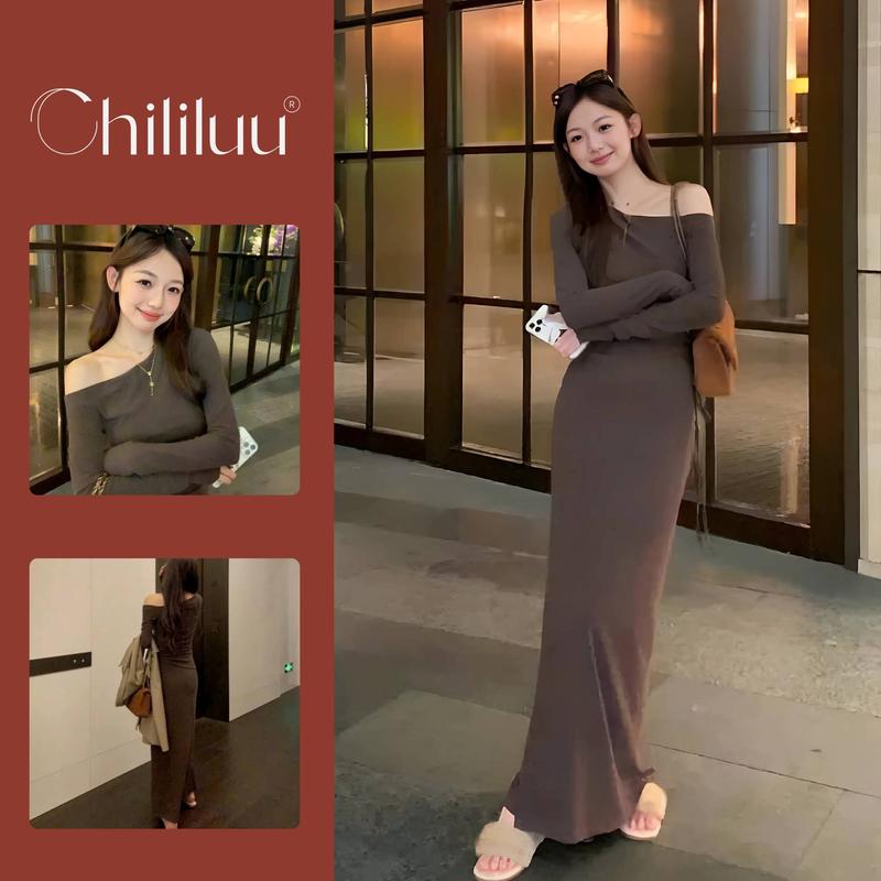 Set váy hở vai Chililuu áo lệch vai dài tay kèm chân váy dài ôm sát phong cách sexy Hàn Quốc