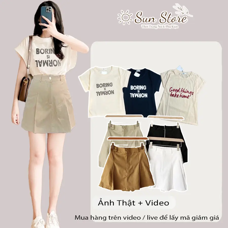 Set nữ SunStore quần giả váy kaki kẻ viềm kèm quần trong phối áo thun tay cánh dơi trẻ trung nhiều size đến 68kg Top Women  Kem Cotton Nhung Voi