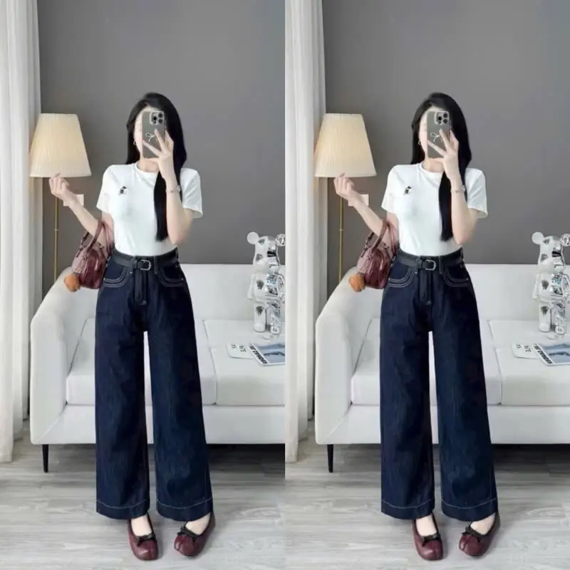 Quần jean suông nữ may mác nhỏ gấu to mã 005 women pants lưng cao ko co dãn 2