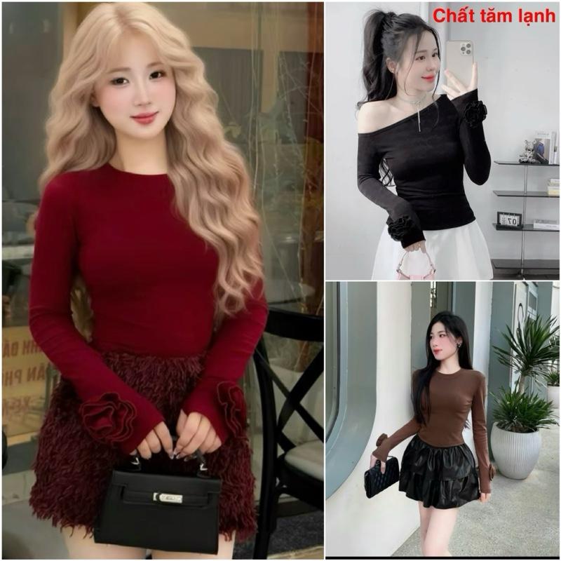 Siu phẩm . Áo bassic tay dài đính hoa sỏ ngón tay bigsize chất tăm xịn ( bigsize :40-90kg ) Cổ Tròn Women Top Nữ 0
