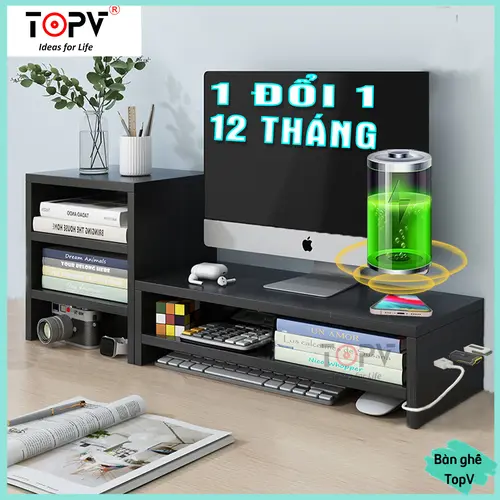 Kệ để máy tính TopV kèm kệ sách để bàn giá đỡ laptop gỗ nâng PC 2 tầng trắng kệ màn hình bàn học kê vi tính