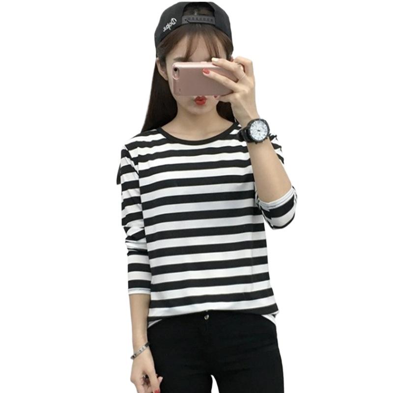 Áo Thun Nữ Dài Tay, F # 029, Dáng Rộng Vừa Vặn, Có Lớp Lót Bên Trong Và Có Thể Mặc Bên Ngoài, Thích Hợp Cho Mùa Thu Và Mùa Xuân, Sọc Đen Và Trắng, Vừa Vặn Tuyệt Vời, Thời Trang, Top Women Cổ Tròn 6