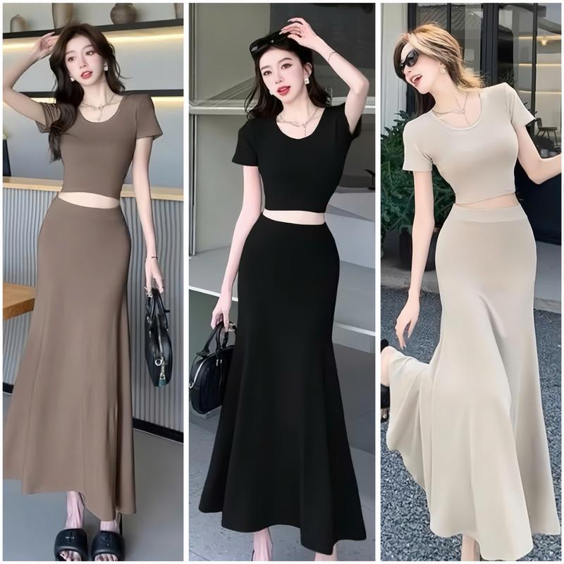 Set Hai Món Chân Váy Đuôi Cá Dáng Dài Mix Áo Croptop Cổ Tròn Tay Ngắn Xinh Xắn Điệu Đà Chát Thun Ladong Thích Hợp Đi Tiệc Đi Làm Đi Chơi
