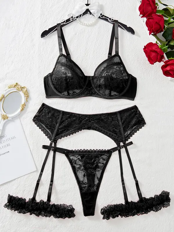 【Plus Size】 Floral Lace Sexy Lingerie Set, Sexy Push Up Bra & Thong & Garter Belt Set, Women's Lingerie & Underwear for All Seasons 0
