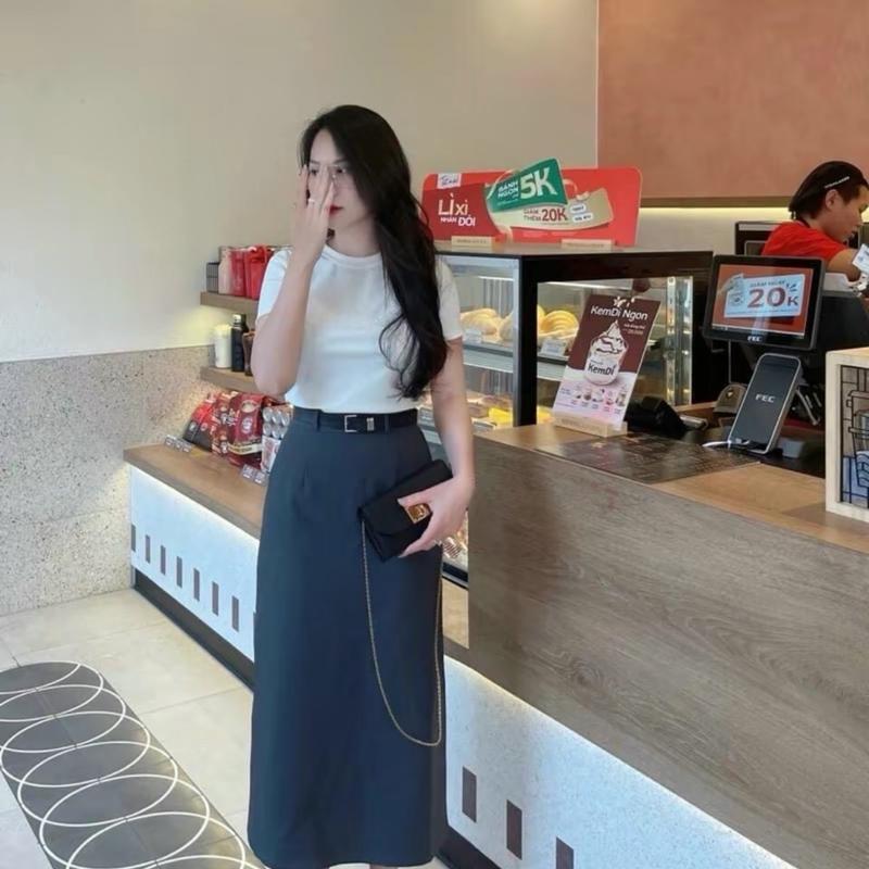 Chân váy midi dáng dài kèm đai chân váy công sở thời trang dễ phối đồ năng động phong cách Hàn Quốc 3