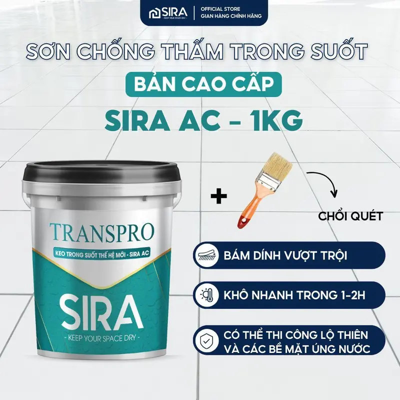 [1KG] Sơn Chống Thấm Trong Suốt Cao Cấp SIRA AC - Chống Thấm Nhạ Vệ Sinh, Tường Lộ Thiên, Chống Mốc Gỗ- Giữ Màu và Bảo Vệ Bề Mặt chong tham trongsuot 0