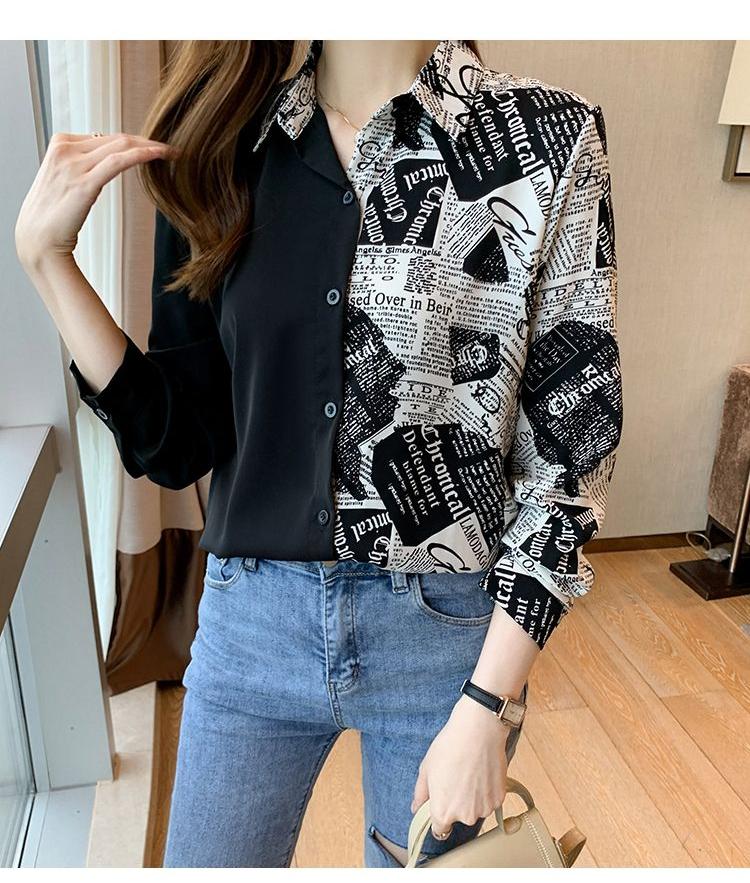 Product Introduction of Cross-Border Stitching Long-Sleeved Shirt Women's 2024 Spring and Autumn New Letter Printed Long-Sleeved Shirt 7