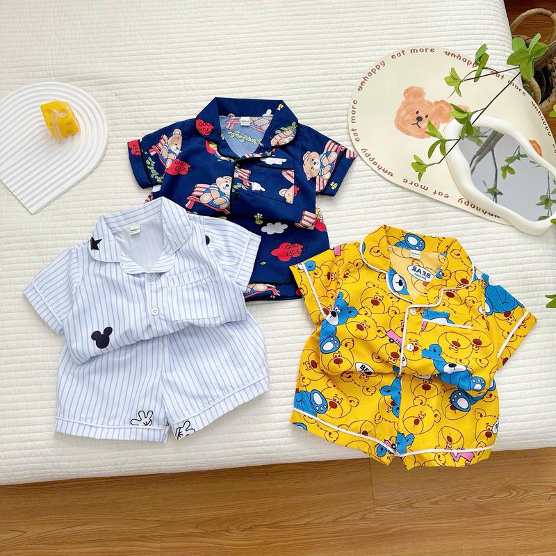 Bộ Pijama cộc tay họa tiết cho bé bộ quần áo ngủ in gấu chất thô mềm mại cho bé từ 8-27kg