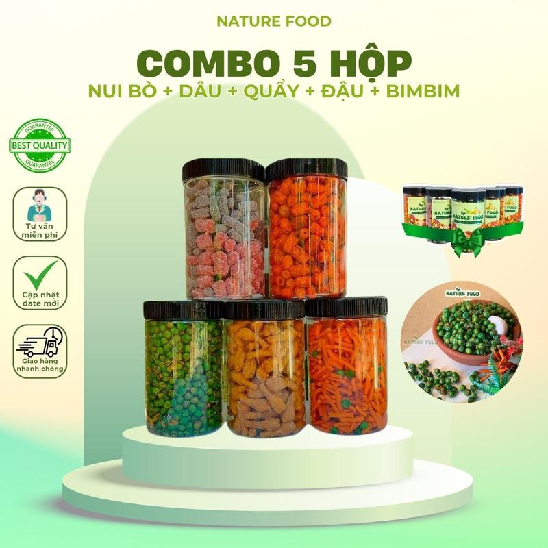 COMBO 5 hộp ( nui bò, đậu hà lan, dâu tây tằm, quẩy đùi gà, bim que đậu hà lan ) siêu ngon