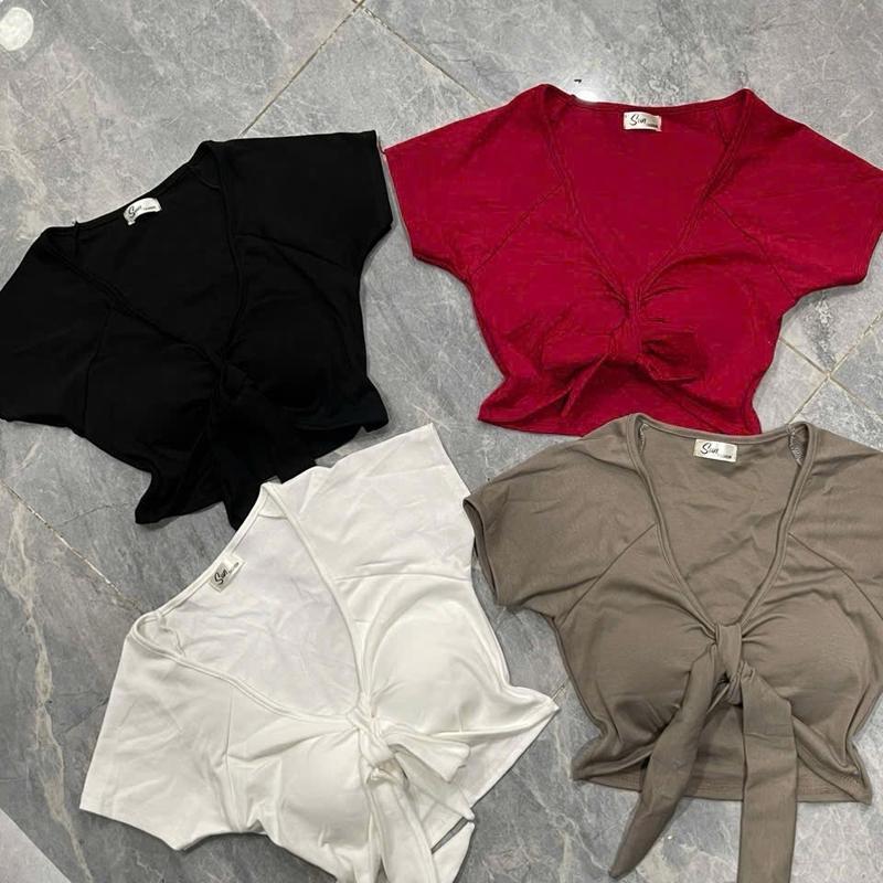 Áo croptop tay ngắn có mút cột dây giữa tạo nơ xinh bozip mềm Cổ Tròn Women Nữ aosang chanh 0
