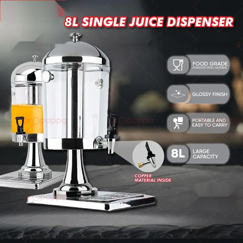 8L Single Juice Dispenser with Ice Chamber Stainless Steel Beverage Container, Balang Minuman Tahan Karat