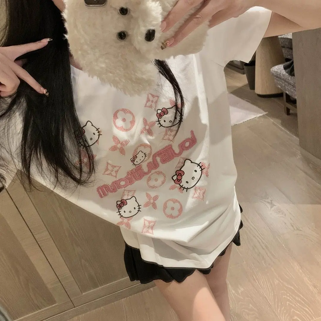 Áo Hello Kitty, Phong Cách Ngọt Ngào Phong Cách Instagram, Dáng Rộng Vừa Vặn, Dễ Phối Đồ, Áo Thun ngắn Tay Áo, Dành Cho Nữ, Phiên Bản Sinh Viên Mùa Hè, In Hình, Phong Cách Hàn Quốc